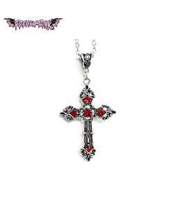 Collier Croix Gothique Gemme Rouge Petite