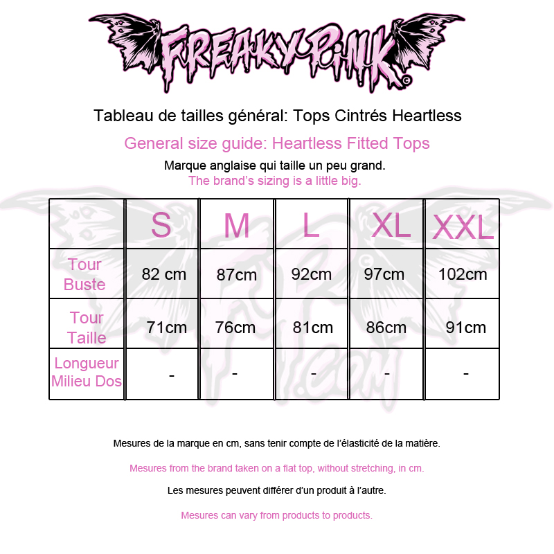 Tableau de tailles général des tops heartless